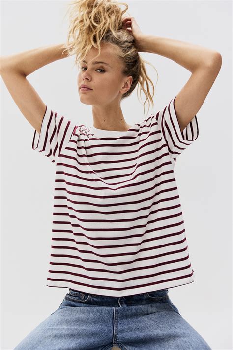 Women's White/Burgundy striped Cotton T-shirt | H&M IN