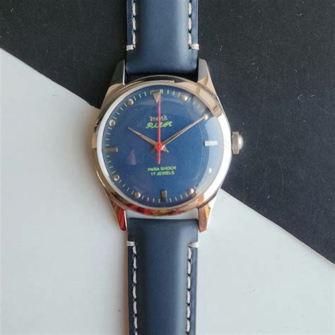 Vintage MOD HMT Pilot Hand Winding 17 Jewels Blue Face Blue Leather St ...