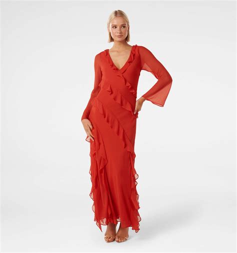 Buy Chilli Red Bonnie Ruffle Long Sleeve Dress Online