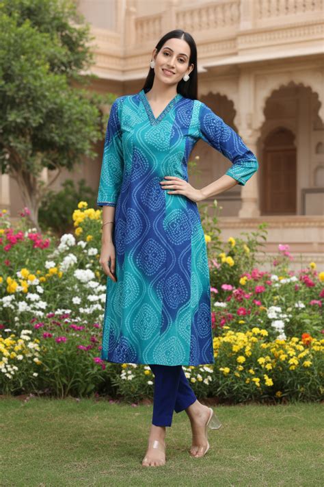 Blue Cotton Bandhani Digital Print A Line Kurta – Cotton Culture
