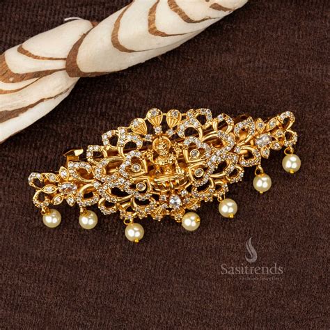 Matte Gold Temple Hair Clip with Pearl Hangings - Sasitrends