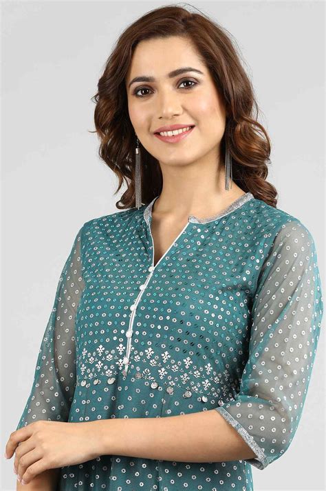 Buy Teal Blue Band Collar Embellished kurta Set Online for Woman | Shop ...