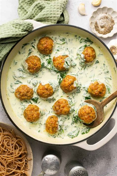 Easy Ground Chicken Meatballs with Spinach Alfredo Sauce