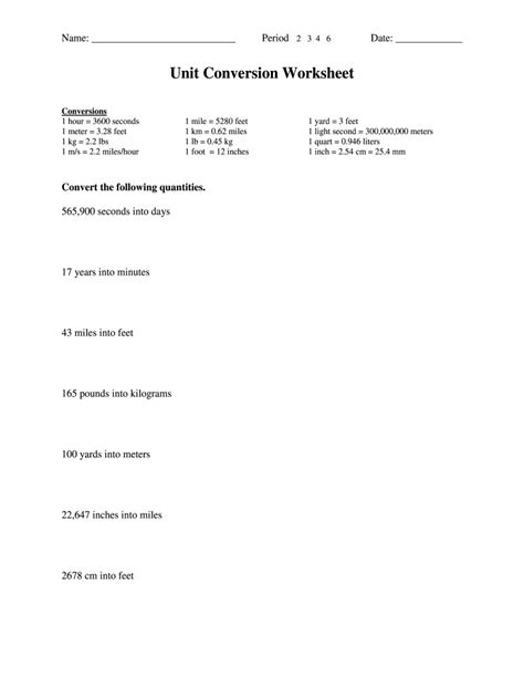 Unit Conversion Worksheet - Blank Fillable Template | Fill Out, Print ...