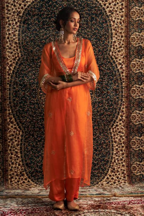 Saffron Embroidered V Neck kurta set