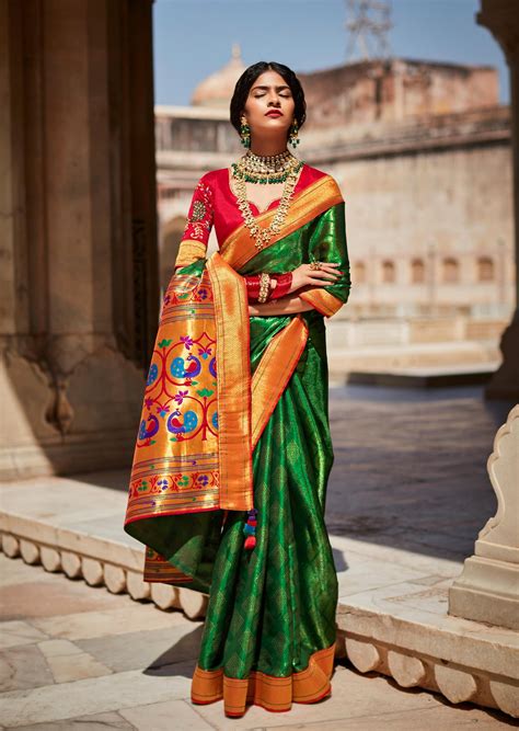 Shimmer Green Paithani Saree with Golden Border – Sunasa