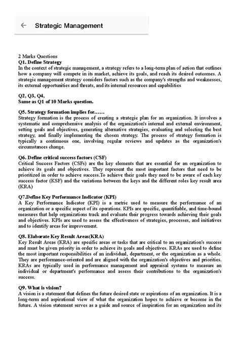 Strategic Management - 2 Marks Questions Q1. Define Strategy In the ...