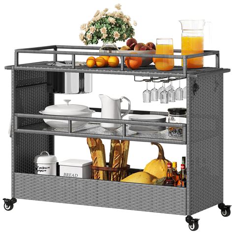 Buy YITAHOME Portable Outdoor Wicker Bar Cart with Wheels Rattan ...