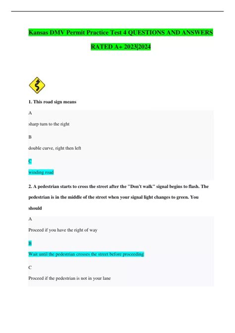 Kansas DMV Permit Practice Test 4 QUESTIONS AND ANSWERS RATED A+ 2023 ...