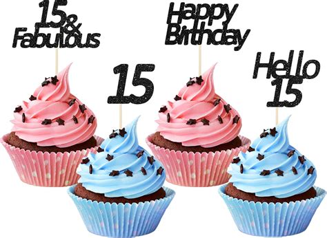 Buy 24 Pcs Black Glitter 15th Birthday Cupcake Toppers, Siipoo Hello 15 ...