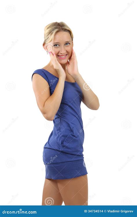 Blonde Woman, 34 Years Old, in a Short Blue Dress. Stock Photo - Image ...