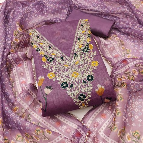 Lavender Chanderi Silk Dress Material With Digital Floral Print & Cord