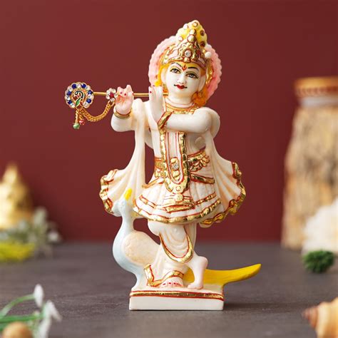Buy Shri Krishna Playing Flute Idol Kanha Standing With Peacock Murti ...
