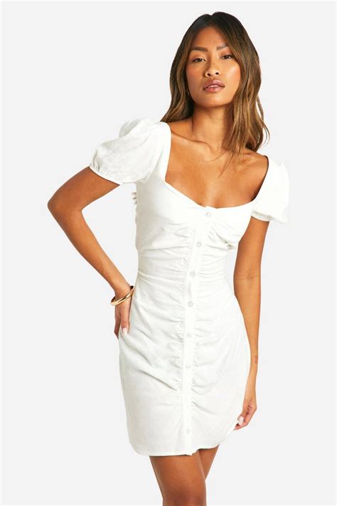 Linen Look Puff Sleeve Rouche Front | boohoo USA