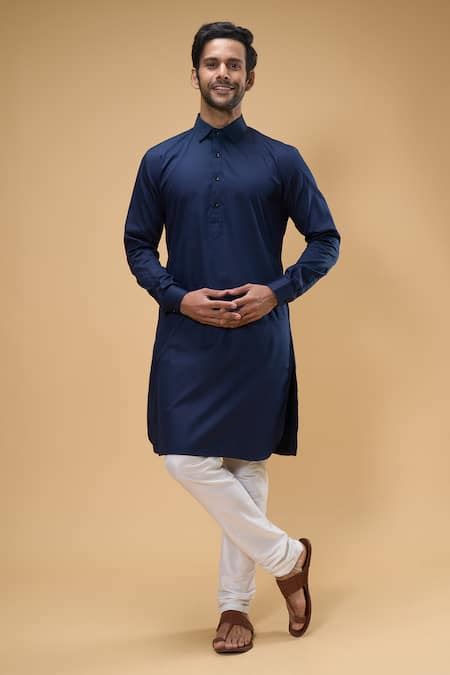Buy Blue Cotton Plain Kurta For Men by Arihant Rai Sinha Online at Aza ...