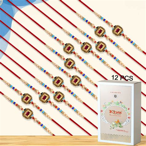 Set of 12 Traditional Rakhis with Red Star Design, Golden Embellishmen