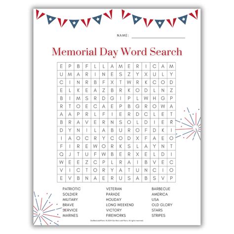 Memorial Day Word Search Printable PDF Memorial Day Word Find Game for ...