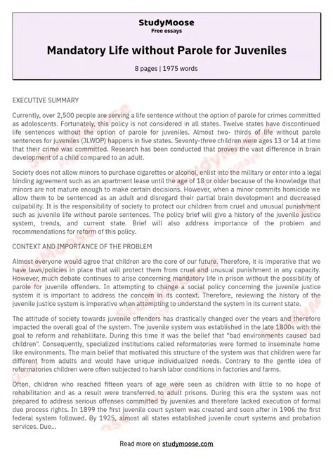 Reforming Juvenile Life Sentences: A Call for Change Free Essay Example