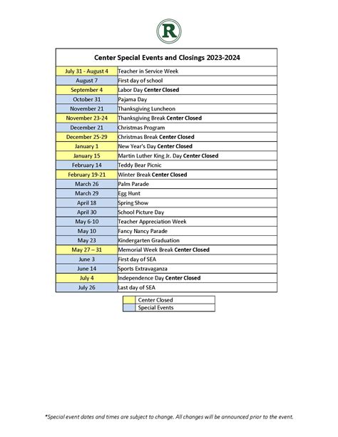 School Calendar – Rollins Child Development Center