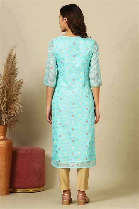 Buy Blue Floral All-Over Print Sequined Straight Kota Kurta Online for ...