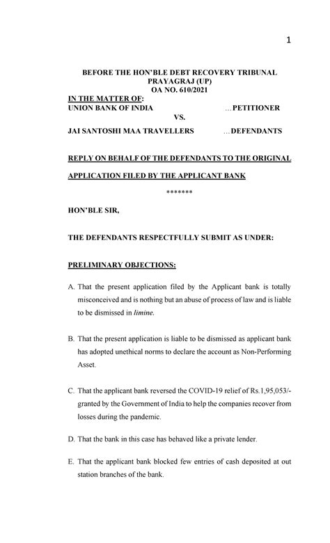 Reply of Defendants in OA No. 610/2021 before Debt Recovery Tribunal ...
