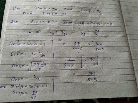 sin alpha=3/5 cos beta =9/41 find sin(alpha-beta) - Brainly.in