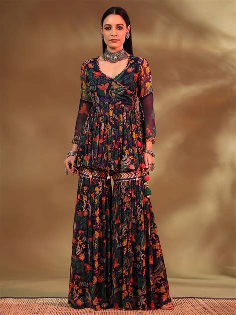 Buy Multicolor Printed Chiffon Kurta with Modal Satin Gharara- Set of 2 ...