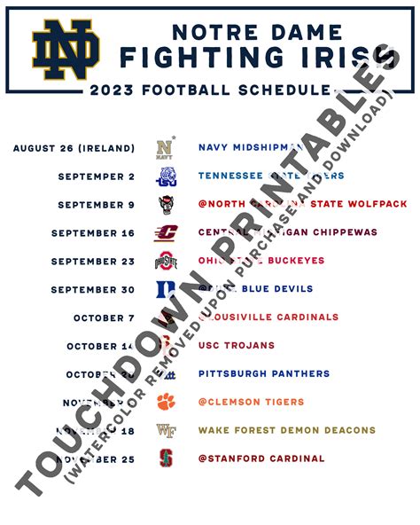 Notre Dame Football Schedule 2025 2026 Season Printable