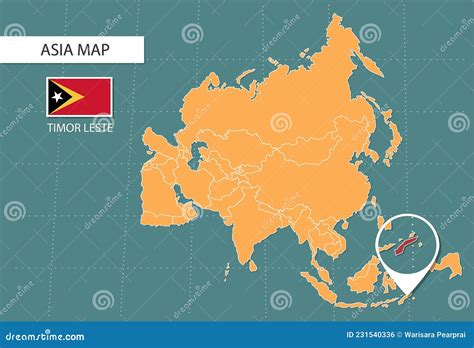 Timor Leste Map in Asia Zoom Version, Icons Showing Timor Leste Location and Flags Stock Vector ...