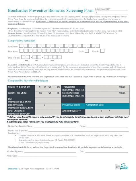 Fillable Online Bombardier Preventive Biometric Screening Form - Virgin ...