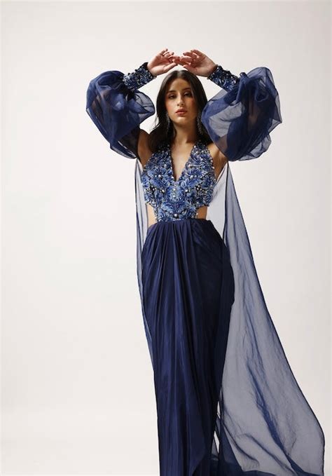 Midnight Majesty: Pearl-Embroidered Dress with Organza Jacket – Anshika ...