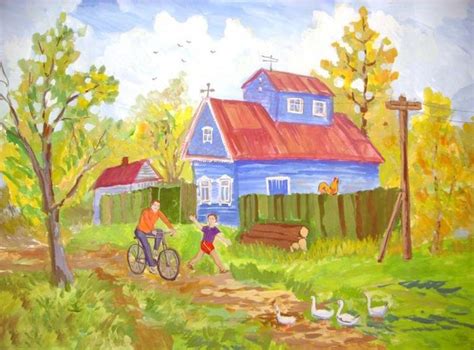 Картинки о лете в деревне. Простые срисовки для детей.