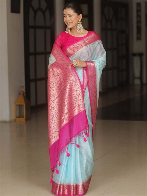 Banarasee Handloom Mirror Work Dupion Saree With Contrast Border-Light