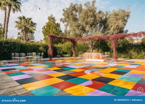 Modern Outdoor Dance Floor with Geometric Shapes and Bold Colors Stock ...