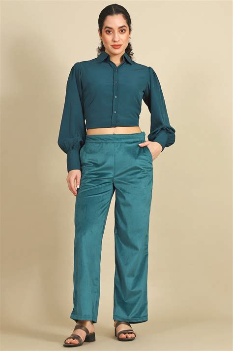 Buy Online Green Solid Straight Trousers & Pants | ELLEVEN ...