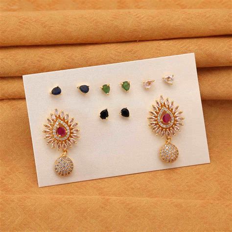 Multi Color 5 In 1 Interchangeable American Diamond Stud Earrings Comb ...