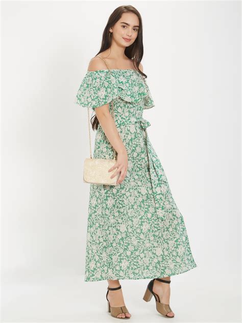 Light Green Floral Printed Off Shoulder Cotton Linen One Piece Dress ...