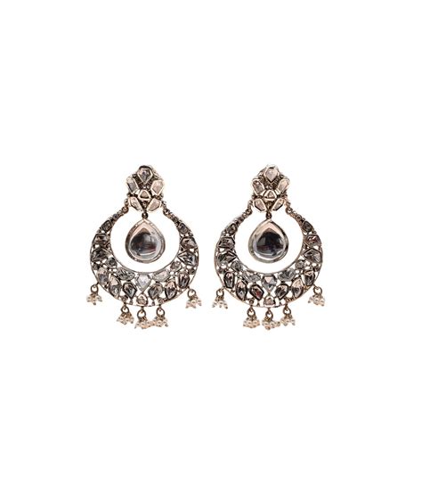 Sterling Silver Half Moon Design Stone Studded Polki Earrings - Silver ...