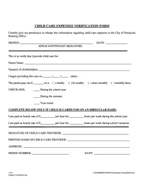 Fillable Online CHILD CARE EXPENSES - cityofpensacolacom Fax Email ...