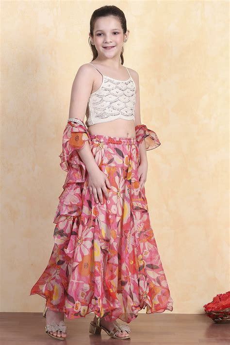 Buy Off-White and Pink Printed Flared Lehenga Set Online at Biba India