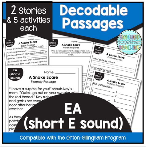Decodable Reading Passages Vowel Team EA (Short e sound)- Orton ...