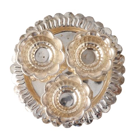 Brass Pooja Thali With 3 Flower Shaped Bowls In Silver Finish