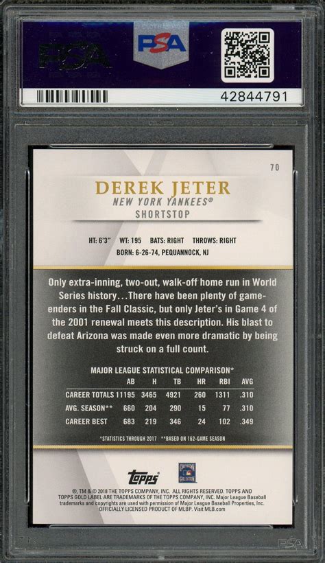 Derek Jeter 2018 Topps Gold Label Class 2 Blue Card 39/99! PSA Gem Mint ...