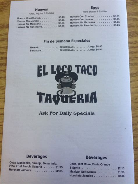 Menu at El Loco Taco restaurant, Kingsport