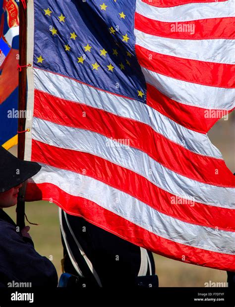 American flag from the U.S. Civil war era at a civil war re-enactment ...