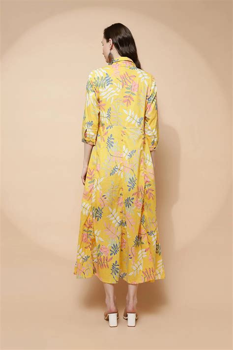 Yellow Cotton Blend Regular Fit Dress For Women – Global...