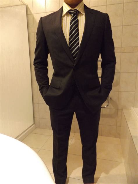 bespoke charcoal suit yellow shirt black striped tie fashion men ...
