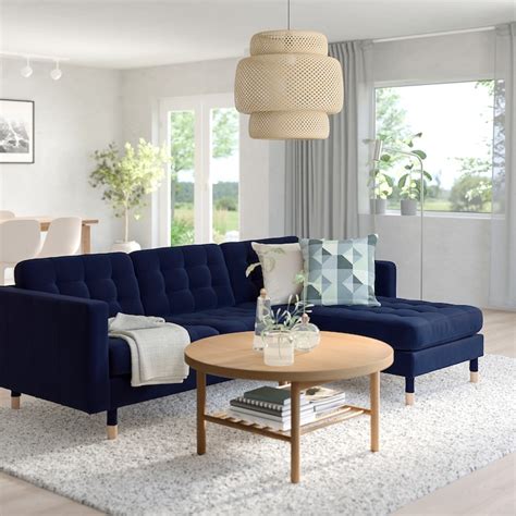LANDSKRONA 3-seat sofa, with chaise longue/Djuparp dark blue/wood - IKEA