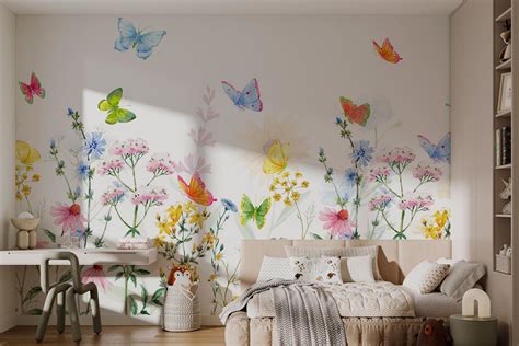 Wall murals Painting of flowers and butterflies : w02238 - Tapeko.co.uk