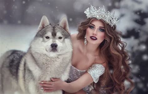 Wallpaper look, girl, snow, pose, hand, dog, crown, makeup for mobile ...